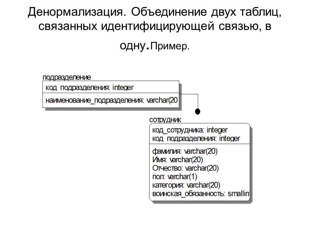 Денормализация. Объединение двух таблиц, связанных идентифицирующей связью, в одну.Пример.